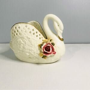 vintage porcelain swan ivory with 3d roses planter dish gold trim classic grandm